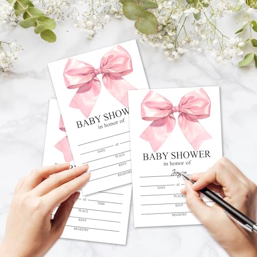 Pink Bow Baby Shower Invitations for Girls, Baby Announcement Invite Cards,25 Sets of Fill-in Baby Shower Invite with Envelopes, Gender Reveal Party Supplies -B02 - color: Pink Bow-01