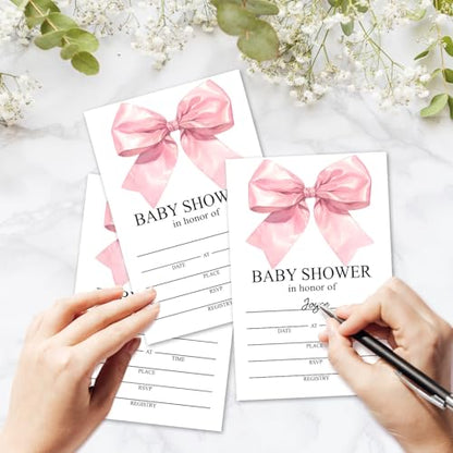 Pink Bow Baby Shower Invitations for Girls, Baby Announcement Invite Cards,25 Sets of Fill-in Baby Shower Invite with Envelopes, Gender Reveal Party Supplies -B02 - color: Pink Bow-01