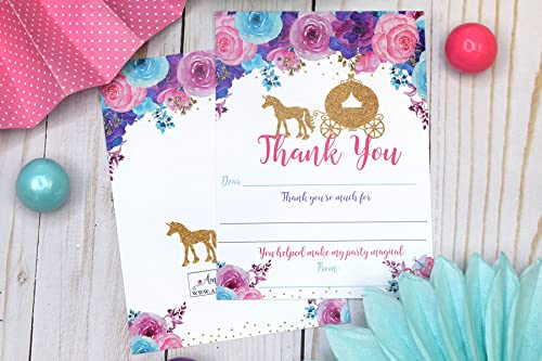 Royal Celebration Princess Carriage Theme Girls Birthday Thank You Cards, 10 Fill-In 4x5.5 Cards with White Envelopes, Gold Glitter Fairytale Party Design, Made in USA by Amanda Creation - style: Royal Celebration Gold Glitter Princess Carriage