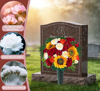 Artificial Cemetery Flowers,Memorial Flowers,Beautiful Arrangements for Headstones,Silk Sunflower Rose Berries Daisy