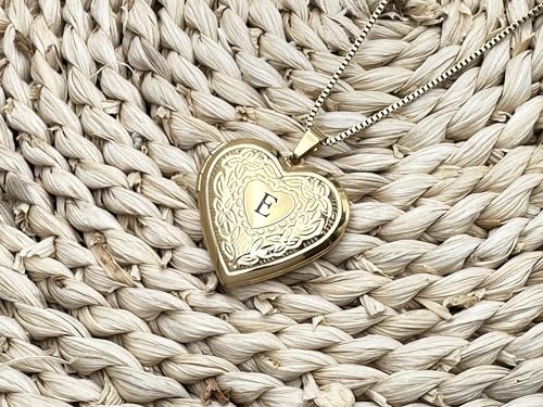 GOKING Love Heart Memory Locket Necklace Holds Pictures for Women - color: Letter E