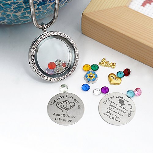 Beffy Locket Gifts for Niece Aunt, Floating Living Memory Necklace Pendant | Pendant Charm & Birthstone for Women, Mothers Day, Birthday, Stainless Steel - color: NiecesAunt-C002
