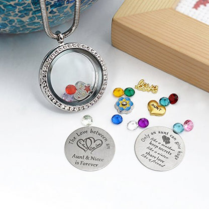 Beffy Locket Gifts for Niece Aunt, Floating Living Memory Necklace Pendant | Pendant Charm & Birthstone for Women, Mothers Day, Birthday, Stainless Steel - color: NiecesAunt-C002