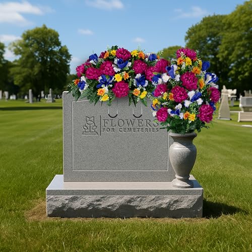 Sympathy Silks - Artificial Flowers for Cemeteries - Fuchsia Mums with Blue Iris - (1) Headstone Saddle (1) Bouquet - size: (1) Saddle (1) Bouquet