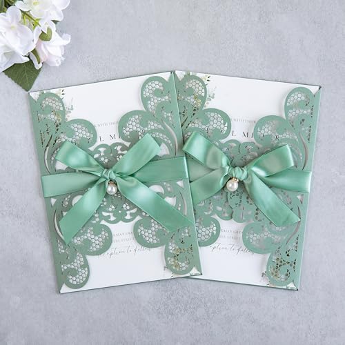 20Pcs Sage Green Laser Cut Wedding Invitation Cards With Envelopes - color: Sage Green