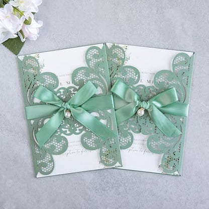 20Pcs Sage Green Laser Cut Wedding Invitation Cards With Envelopes - color: Sage Green