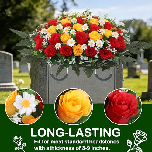 Wocst Headstone Flower Saddle,Large Artificial Cemetery Flowers for Grave Artificial Roses Daisy Saddle for Cemetery Headstone (Yellow) - color: Yellow