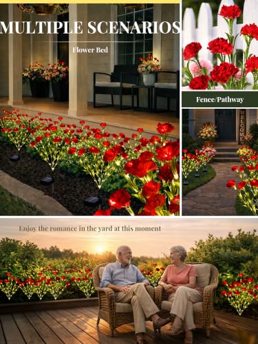 GIGALUMI 4 Pack Solar 28 Carnations Flowers Outdoor, 2 Modes, Red - color: Red, size: 4 PACK