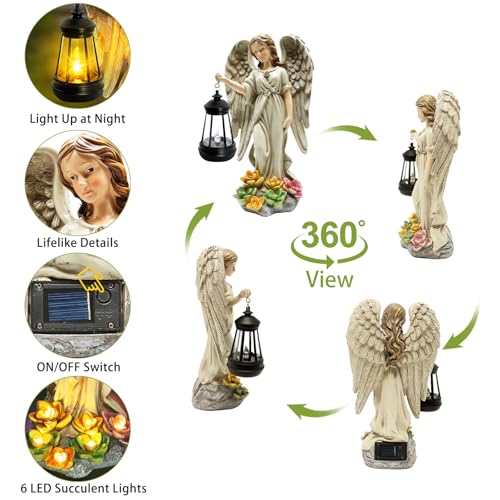 Solar Garden Statue Angel Figurine,11.8in Fairy Angel Solar Lights Outdoor | 7 LED Lights, Solar Outdoor Sculptures for Outside Balcony Patio Yard Ornament, Gifts for Women Mom, Cemetery Grave Decor - style: 1 Pack - Angel with Lantern