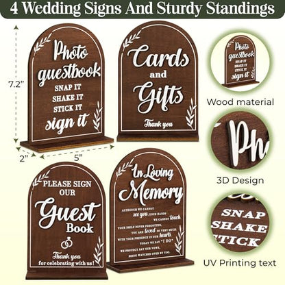 STOFINITY Rustic Wedding Signs, Set of 4 Wood Table Signs for Reception | Photo guestbook sign, gifts and cards sign, please sign our guest book, in loving memory plaque, wood build - color: Set 4