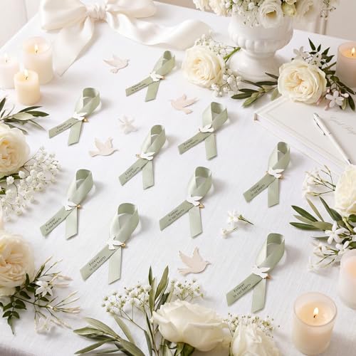 Geosar 100 Pcs Dove Funeral Memorial Ribbons Pins Memorial Service Respect Funeral Personalized Ribbon Bow with Safety Pins and White Dove for Mourning Mental Health Awareness Month Gifts(Sage Green) - color: Sage Green, style: Pigeon
