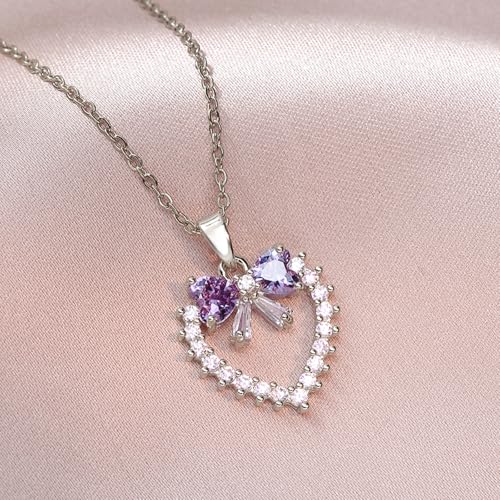 Bow Heart Pendent Pendant Necklace for Women White Crystal Necklace Dainty Silver Plated Necklace Bow Jewelry with Zirconia, Heart Choker Necklaces for Her Gifts - style: Purple heart