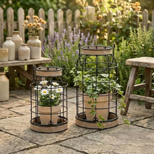 Rustic Farmhouse Candle Lantern, 2Pcs Decorative Lantern Decor with Candles | Set of 2 rustic farmhouse lantern set with candles and wood bead accents for fireplace, porch, patio and tabletop decor