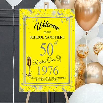 Personalized 50th Reunion Welcome Sign, Silver Confetti on Yellow, High School & College Reunion Plastic Board - color: Version 11