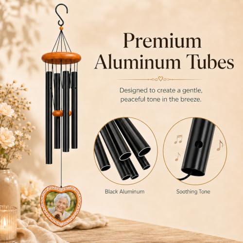 34 Inch Memorial Wind Chimes for Outside with Heart Photo Frame, Black - color: Black