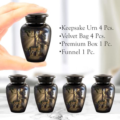 Gone Hunting Deer Keepsake Urns with Sunrays – Set of 4 Majestic Buck Mini Cremation Urns for Human Ashes – Handcrafted Sharing Token Funeral & Memorial Urns with Velvet Bags & Funnel (S/4 Keepsakes) - size: Set of 4 Keepsake