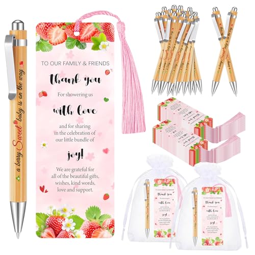 50 Sets Strawberry Baby Shower Favors for Guests, Strawberry Ballpoint Pens Thank You Bookmarks Organza Bags for Baby Shower Party Favors Gender Reveal Gifts Souvenirs Prizes Return Gifts - color: Strawberry