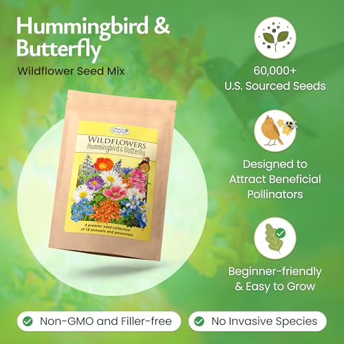 Hummingbird & Butterfly Wildflower Seed Mix, 60,000 Seeds, Covers 300 Sq Ft | 18 annual and perennial varieties with colorful blooms that attract hummingbirds, butterflies, and other pollinators. - style: Hummingbird & Butterfly