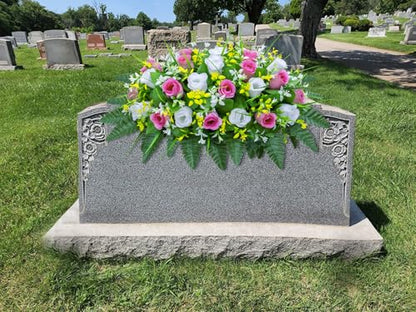 LVXINLI Artificial Cemetery Flowers Saddle-Shaped Tombstone Decorations Non-Fading UV-Resistant（Pink+White Saddle ） - color: Pink+white Saddle