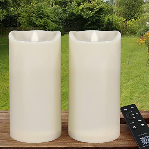 Pack of 2 Large Outdoor LED Pillar Candles 4x8 with Timer and Remote - IP65 Waterproof Battery Operated LED Pillar Candles Ivory Body - Oblique Edge Flickering Flameless Pillar Candles - color: [Pack of 2] 4 X 8 - Ivory Body - Warm White Glow