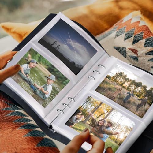Photo Album 4x6 200 Photos, Genuine Leather Albums Page Refillable with 30 Pieces Writing Paper, Best Gift for Travel Wedding Kids Graduation Baby Picture Album Scrapbook - color: Black
