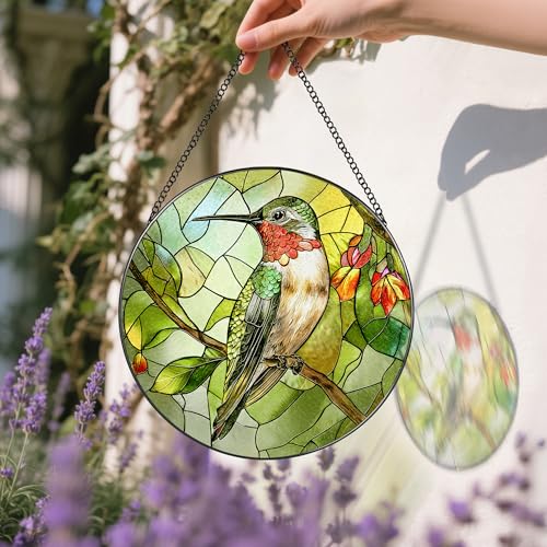 Stained Glass Window Hanging, 8" Stained Glass Hummingbird Suncatcher, Hummingbird Gifts for Women | Christmas, Mother’s Day, Easter, Birthday Gifts for Mom, Grandma, Nana, Wife, Sister & Bird Lovers - color: Hummingbirds