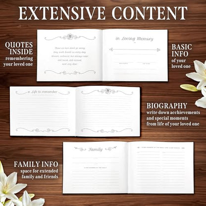 Funeral Guest Book – Black Memorial Guest Book for Funeral, “in Loving Memory” Gold Foil Sign in Book, Photo Slot Cover, 120 Pages, Pen & Stand Included