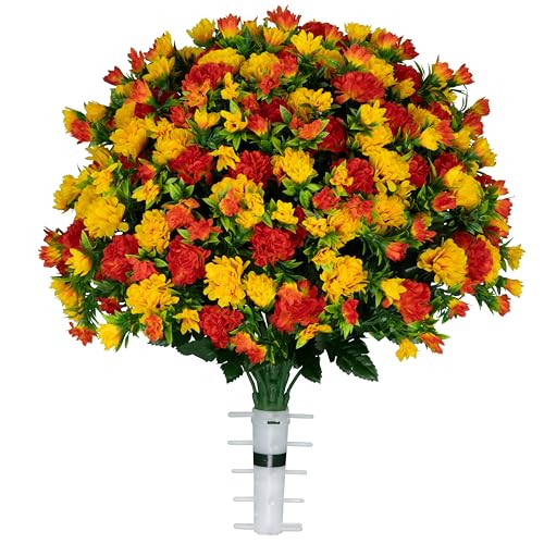 Artificial Cemetery Flowers - Gravesite Memorial Arrangment - Sunset Orange Garden Mums - (1) Bouquet - color: Sunset Orange, size: (1) Bouquet