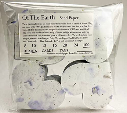 Of The Earth Handmade Paper - Wildflower Seed Paper Large Hearts - Recycled Flower Petals - Bulk Set of 100 (45s Purple Recycled) - color: 45s Purple Recycled
