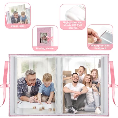 Photo Album 4x6 100 Pockets, Slip-in Picture Albums, Linen Cover Top Loader Vertical Pockets Albums for Baby, Kids Boy Girls, Wedding, Family, Anniversary, Pink - color: Pink, size: 100 Pockets white Bandage