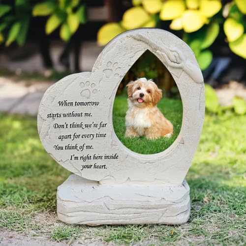 Pet Memorial Stone Headstone Grave Marker for Dog Loss Gift | Pet Dog Gravestone Tombstone, with Photo Frame, Outdoor or Indoor, Handmade of Resin, Heart Shape, Paw Prints Design