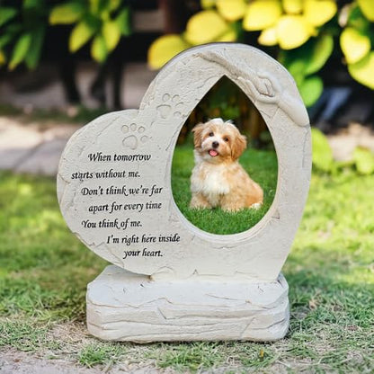 Pet Memorial Stone Headstone Grave Marker for Dog Loss Gift | Pet Dog Gravestone Tombstone, with Photo Frame, Outdoor or Indoor, Handmade of Resin, Heart Shape, Paw Prints Design