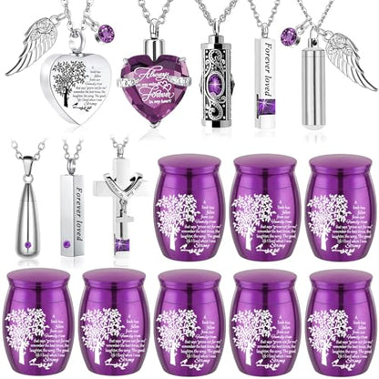 16 Set Cremation Jewelry Urn Necklaces for Ashes Small Urn Stainless Steel Keepsake Urns Memorial Locket Sharing Mini Ash Holders Waterproof for Human Adult Female Male Loved One (16Pcs-Purple) - color: 16pcs-purple