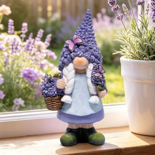 basen Lavender Gnome Garden Statue, Resin Female Gnome Figurine with Purple Flowers and Butterflies, Indoor Outdoor Spring Decor for Garden, Patio, Porch, Shelf, Home and Gifts - color: Lavender Gnome-b