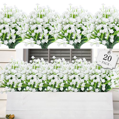 AmyHomie 20 PCS Artificial Flowers for Outdoors, UV Resistant Fake Plants | Garden, Patio, Porch, Window Box, Hanging Flowers Planters; No Fade, Long Lasting, Maintenance Free Indoor DIY Decor - color: Pure White, size: 20
