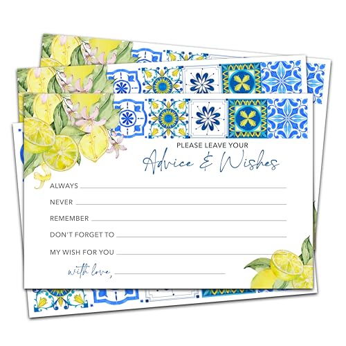 Advice And Wishes Cards (25pcs), Mediterranean Lemon Advice Cards For Mr And Mrs, Bride And Groom, New Parents, Bridal Shower, Baby Shower, Engagement, Wedding, Bachelorette Party Games Decor -A03 - style: Mediterranean Lemon
