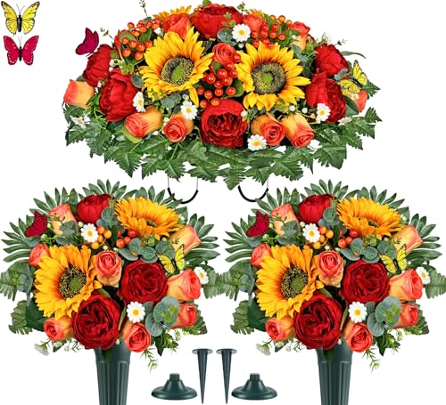 MUVIC Artificial Cemetery Flower Bouquets and Headstone Flower Saddle for Grave,Three-Piece Set:Rose,Rose Lily Hydrangea Cymbidium Daisy, Easy Fit and Colorfast