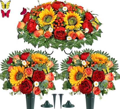MUVIC Artificial Cemetery Flower Bouquets and Headstone Flower Saddle for Grave,Three-Piece Set:Rose,Rose Lily Hydrangea Cymbidium Daisy, Easy Fit and Colorfast