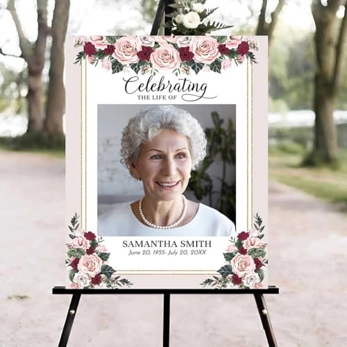 Celebration of Life Welcome Sign, Editable Pink & Burgundy Roses Funeral Welcome Sign, in Loving Memory Sign, Celebration of Life Funeral Sign, Celebration of Life Sign, Funeral Photo Sign #Jg11 - color: Version #20