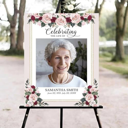Celebration of Life Welcome Sign, Editable Pink & Burgundy Roses Funeral Welcome Sign, in Loving Memory Sign, Celebration of Life Funeral Sign, Celebration of Life Sign, Funeral Photo Sign #Jg11 - color: Version #20