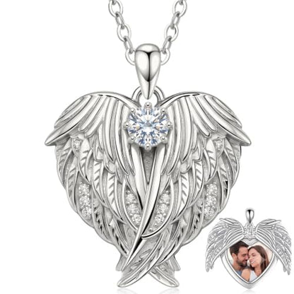 Poiuy Photo Locket Necklace for Women, Heart Picture Pendant Photo Necklace Jewelry Christmas Memorial Birthday Gifts for Women Daughter Mom - color: Angel Wing Locket Necklace