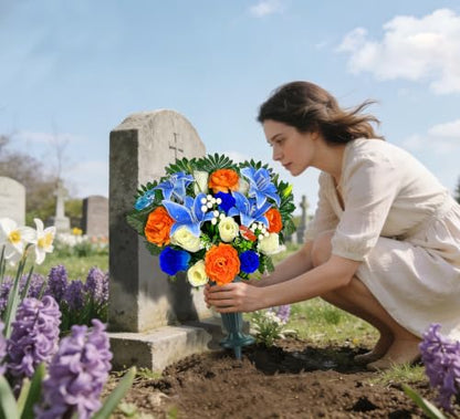 Artificial Cemetery Flowers for Grave Vase - Gravesite Flowers,Headstone Decorations with Blue Lily White Rose Mix Bouquet