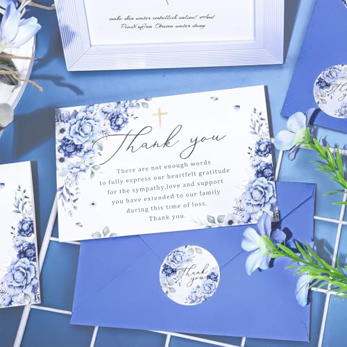 FYSUIMU Floral Funeral Thank You Cards Blue Rose Flower Sympathy Thank You Cards with Sticker Envelope Bereavement Card for Memorial Service Loved Ones Celebration of Life, 24 Pcs