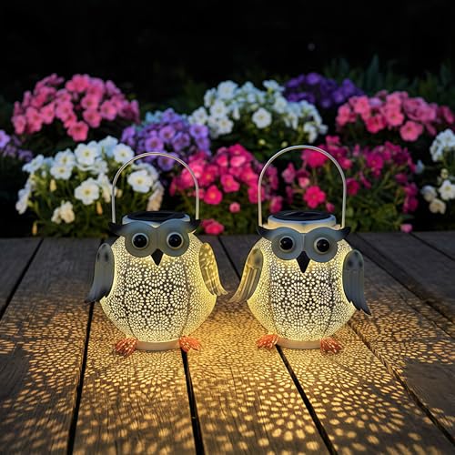 2 Pack Hanging Solar Lanterns - Garden Light Waterproof Metal Decorative Solar Lantern Lights Outdoor for Patio Yard Table Pathway (White owl 2pk) - color: white owl 2pk