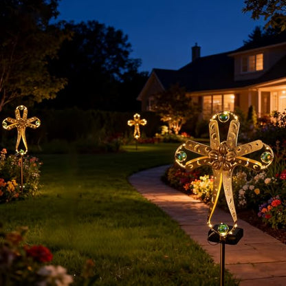 LEDs Solar Stake Lights for Garden Metal Warm White, Memorial Gift - Perfect as Remembrance & Sympathy Gifts (Angel-Bronze) (Cross) - style: Cross