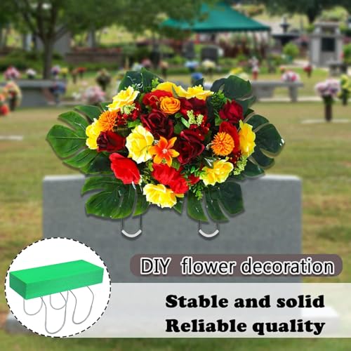 GRPFS 3 Pack Cemetery Saddles for Headstones 12 Inch Galvanized Gravestone Saddle with Flower Foam Blocks，Cemetery Headstones for Graves