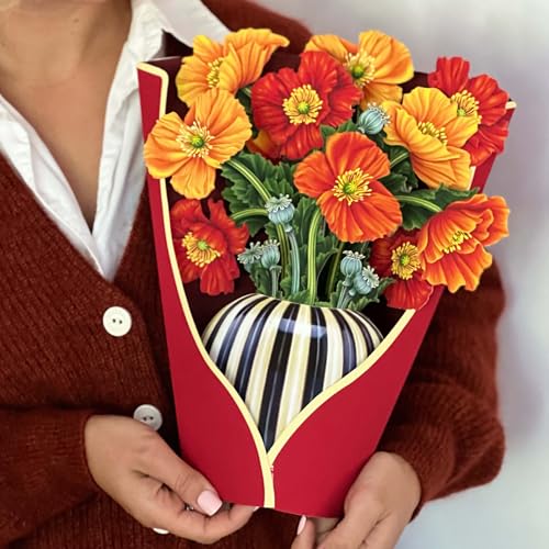 Freshcut Paper Pop Up Cards, French Poppies, 12 Inch Life Sized Forever Flower Bouquet 3D Popup Greeting Card, Birthday Cards, Thank You Card, Blank Notecard & Envelope - color: French Poppies New, size: Classic
