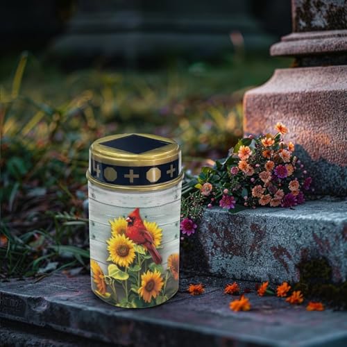 Poceacles Cardinal Sunflower Wood Grain Solar Lights Outdoor Solar Powered Outdoor Cemetery Stake Candle Grave Solar Lamp Landscape Lighting Waterproof Grave Flameless Candle - color: Cardinal Sunflower Wood Grain