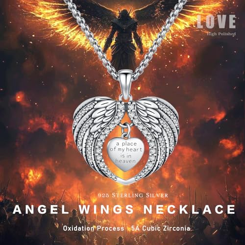 TUGHRA Memorial Necklace for Women Men, Angel Wings Heart Pendant 925 Sterling Silver A Piece of My Heart Is In Heaven Charm Necklace Sympathy Gift - style: 02-Platinum Angel Wings