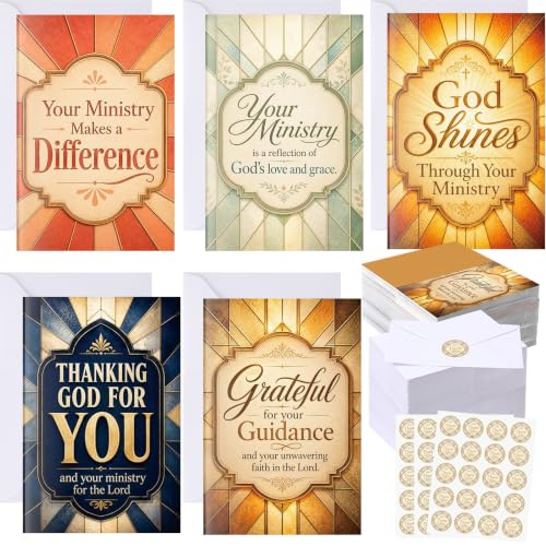 Eaasty 50 Set Pastor Appreciation Cards with Envelopes and Stickers, Christian Ministry Thank You with Blessing Messages, Religious Greeting Cards for Pastor, Minister, Church Staff, Volunteers - style: Pastor Appreciation Style